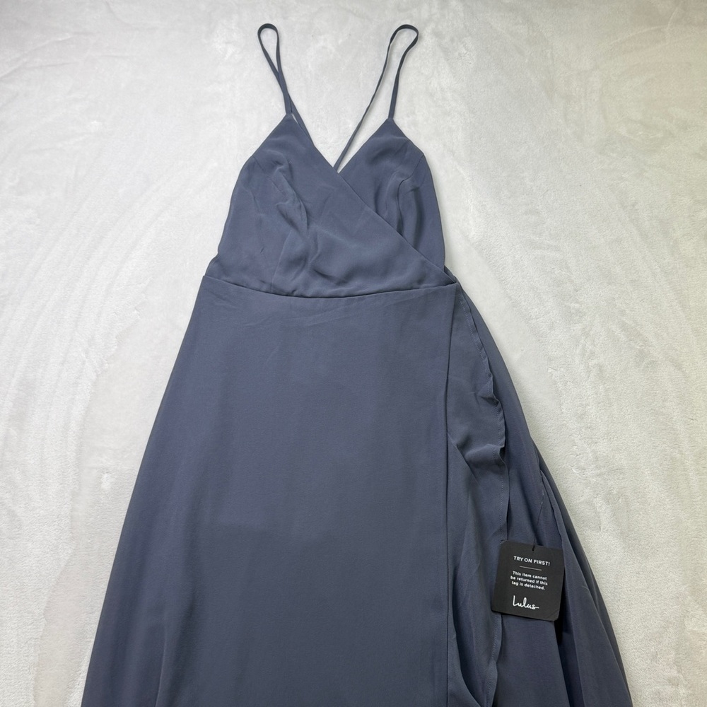 Lulus Slate Blue Wrap Dress Small Spaghetti‎ Strap Ruffle Hem New With Tags